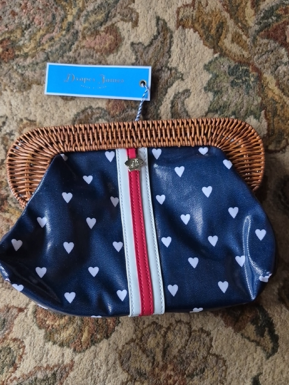 Draper James Navy Heart Print Clutch with Red & White Stripe and Wicker Trim